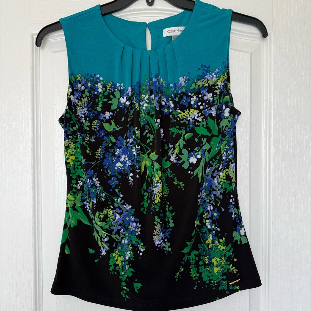 Calvin Klein Women's Floral Sleeveless Blouse - Teal and Black